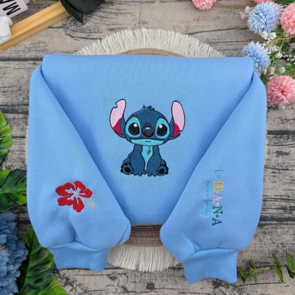 Blue Stitch Sweatshirt with Floral Embroidery